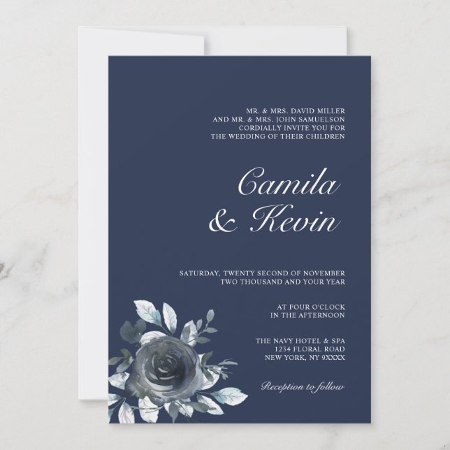 Invitación Elegante Boda floral azul de la marina acuarela (Anverso)