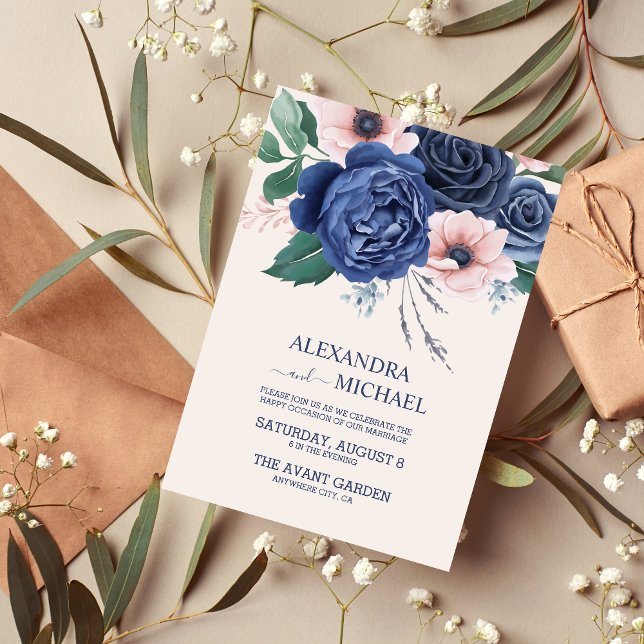 Invitación Elegante Boda floral azul de la marina acuarela In (Subido por el creador)