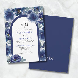 Invitación Elegante Boda floral azul de la marina acuarela mo