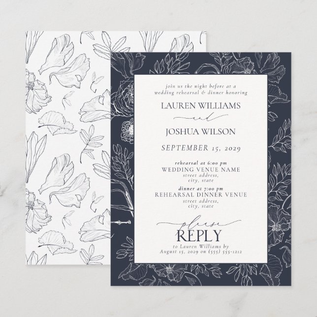Invitación Elegante Boda floral azul de la Marina Cena (Anverso / Reverso)