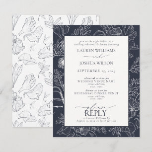 Invitación Elegante Boda floral azul de la Marina Cena