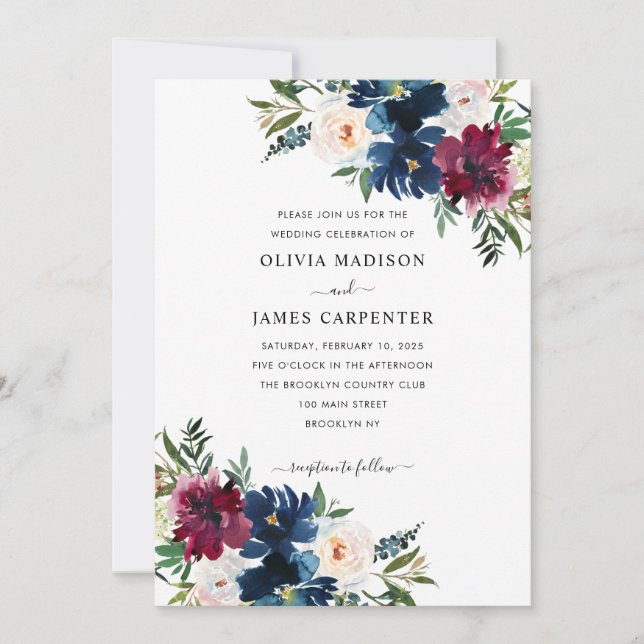 Invitación Elegante Boda floral azul de la Marina de Borgoña (Anverso)