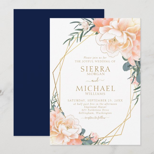 Invitación Elegante Boda floral azul de la marina Rubor Gold  (Anverso / Reverso)