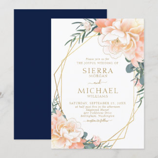Invitación Elegante Boda floral azul de la marina Rubor Gold 