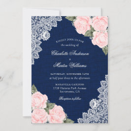 Invitación Elegante Boda floral azul de la marina y Rubor Bur