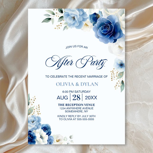 Invitación Elegante Boda floral azul después de Fiesta (Subido por el creador)