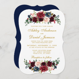 Invitación Elegante Boda Floral Azul Dorado Borgoña BR