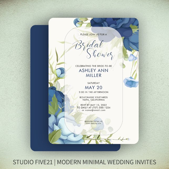Invitación Elegante Boda floral azul ducha de novia (Subido por el creador)