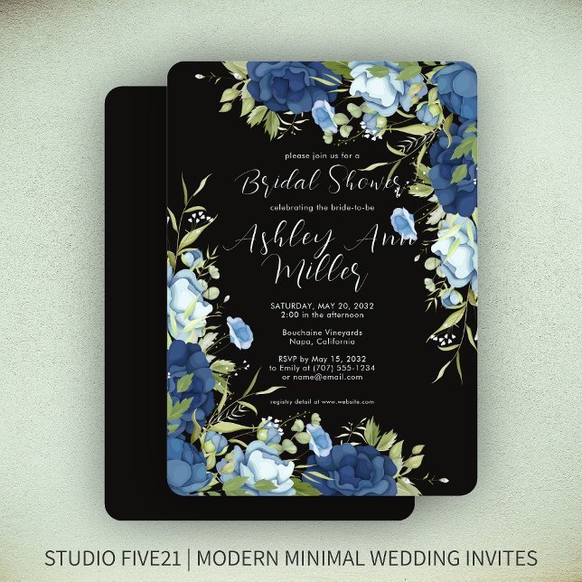 Invitación Elegante Boda floral azul ducha de novia (Subido por el creador)