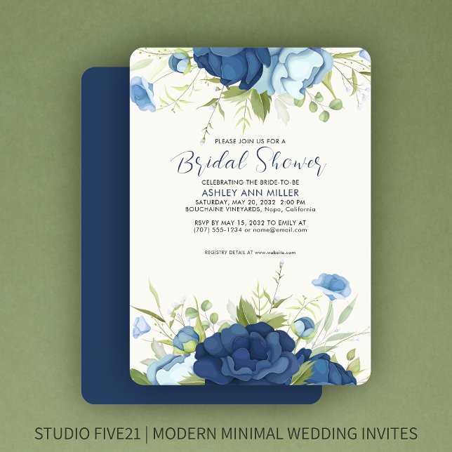 Invitación Elegante Boda floral azul ducha de novia (Subido por el creador)