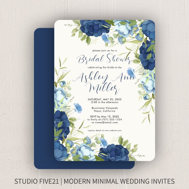 Invitación Elegante Boda floral azul ducha de novia (Subido por el creador)