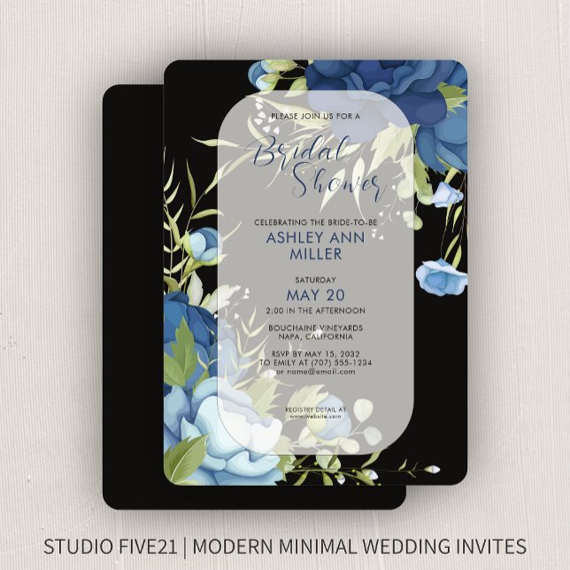 Invitación Elegante Boda floral azul ducha de novia (Subido por el creador)