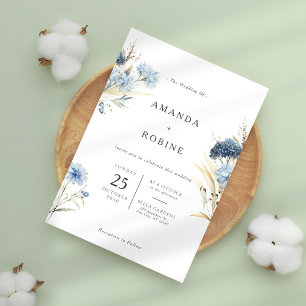 Invitación Elegante Boda Floral Azul Floral