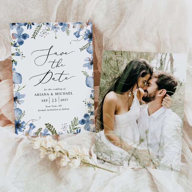 Invitación Elegante Boda Floral Azul Foto Guardar La Fecha (Subido por el creador)