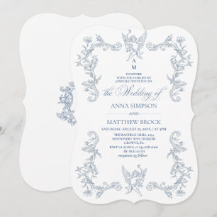 Invitación Elegante boda floral azul francés ornamentado