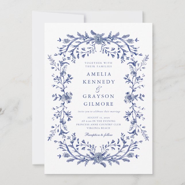 Invitación Elegante Boda floral azul francés vintage (Anverso)