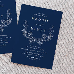Invitación Elegante Boda Floral Azul Marino de Arte de Línea