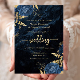 Invitación Elegante Boda Floral Azul Marino Oro