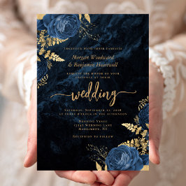 Invitación Elegante Boda Floral Azul Marino Oro