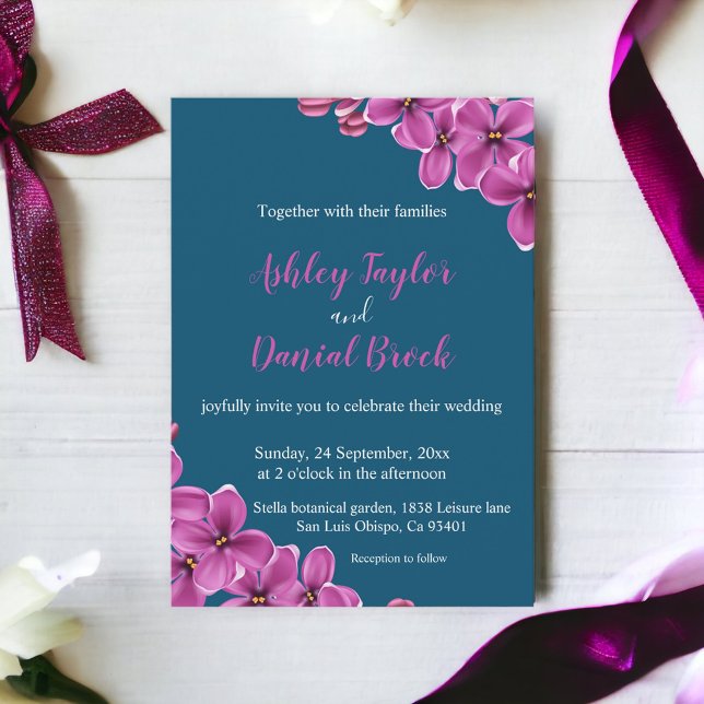 Invitación Elegante Boda Floral Azul Orquídea Púrpura (Subido por el creador)