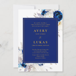 Invitación Elegante Boda floral azul oscuro y amarillo Invita