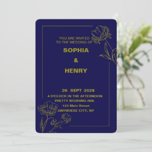 Invitación Elegante Boda floral azul oscuro y dorado
