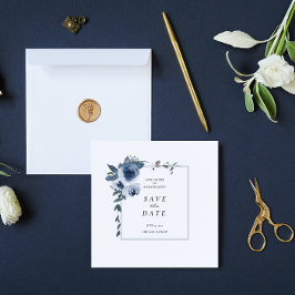 Invitación Elegante Boda Floral Azul Polvorienta Salva La Fec