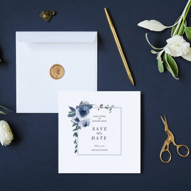 Invitación Elegante Boda Floral Azul Polvorienta Salva La Fec (Subido por el creador)