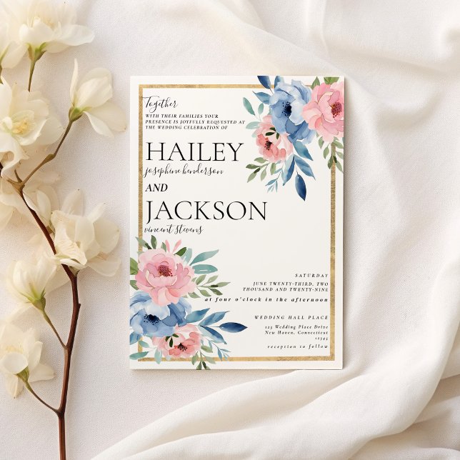 Invitación Elegante boda floral azul rosa dorado blanco (Elegant white gold pink blue floral wedding)