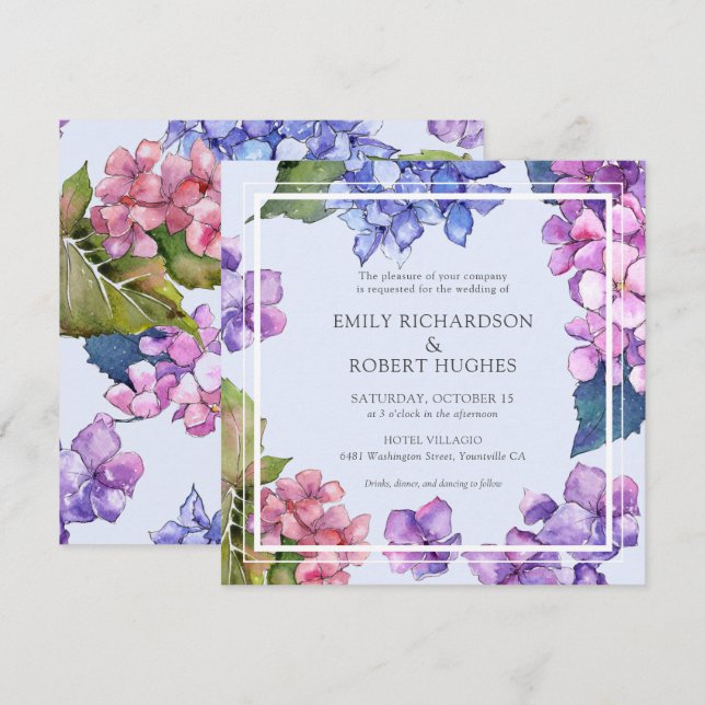 Invitación Elegante Boda floral azul rosa Hydrangea Floral (Anverso / Reverso)