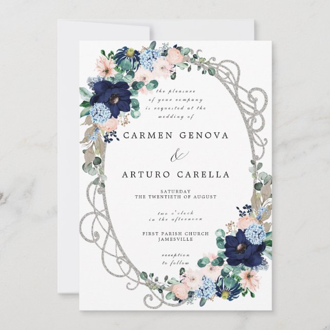 Invitación Elegante Boda floral azul rosado rosado de Rubor (Anverso)
