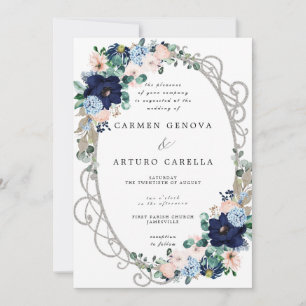 Invitación Elegante Boda floral azul rosado rosado de Rubor
