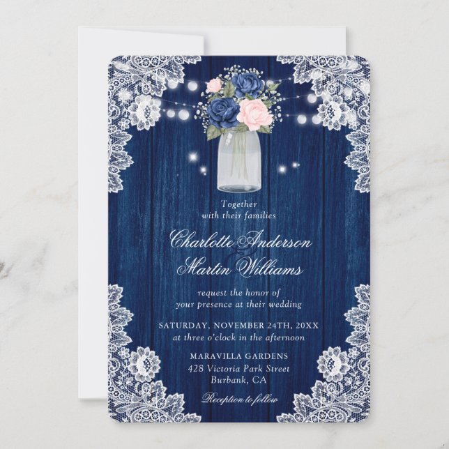 Invitación Elegante Boda floral azul Rubor ruso (Anverso)
