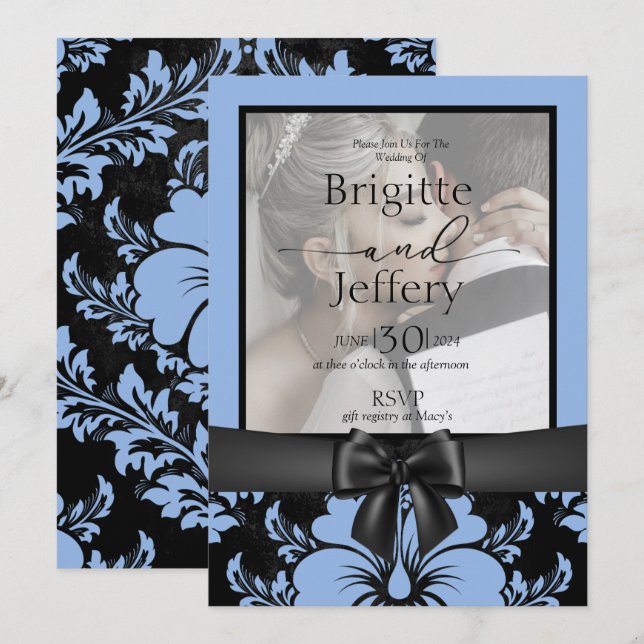 Invitación Elegante boda floral azul salva la fecha (Anverso / Reverso)