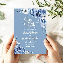 Invitación Elegante boda floral azul salva la fecha