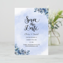 Invitación Elegante boda floral azul salva la fecha