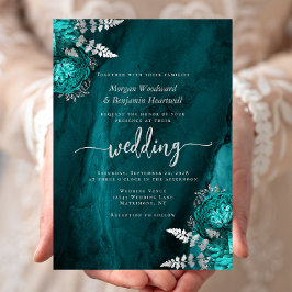 Invitación Elegante Boda Floral Azul Teal y Plata