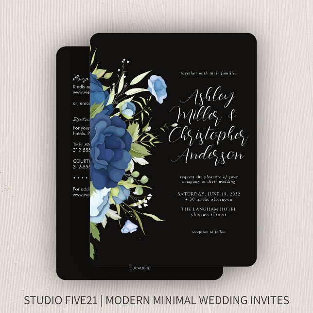 Invitación Elegante Boda floral azul todo en uno (Subido por el creador)