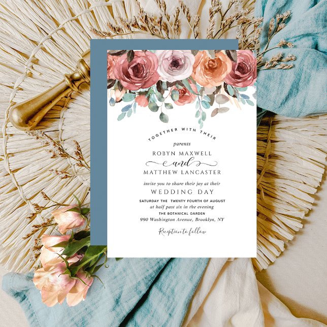 Invitación Elegante Boda floral azul turbio (Subido por el creador)