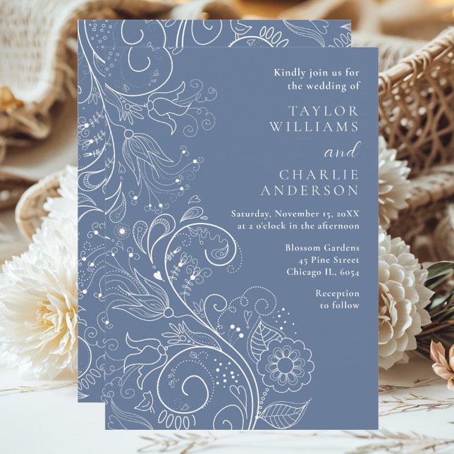 Invitación Elegante Boda floral azul turbio (Subido por el creador)