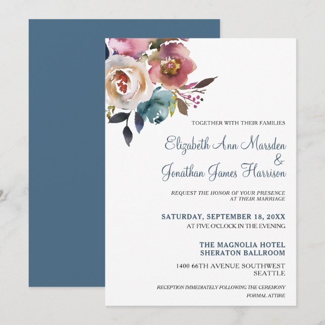 Invitación Elegante Boda floral azul turbio de Borgoña (Anverso / Reverso)