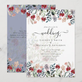 Invitación Elegante Boda floral azul turbio de Borgoña