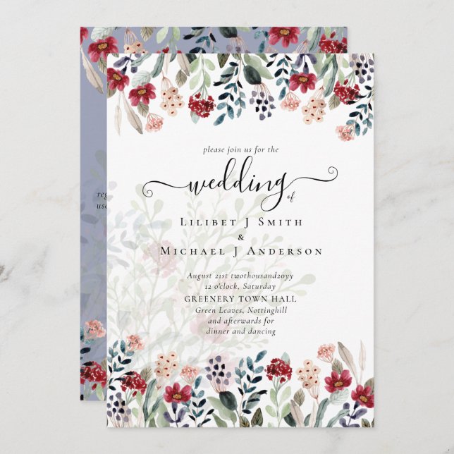 Invitación Elegante Boda floral azul turbio de Borgoña (Anverso / Reverso)