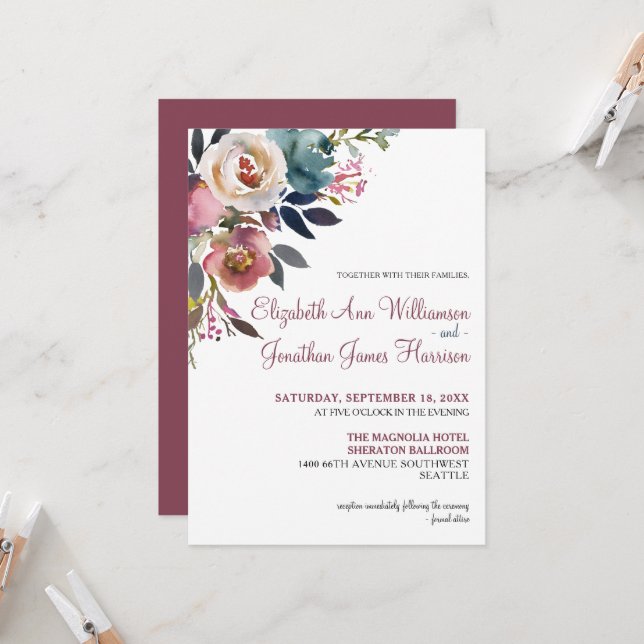 Invitación Elegante Boda floral azul turbio de vino de Borgoñ (Anverso/Reverso In Situ)