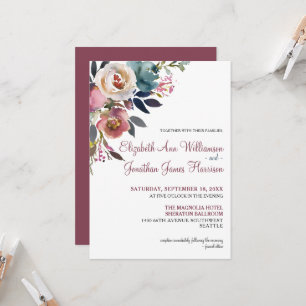 Invitación Elegante Boda floral azul turbio de vino de Borgoñ