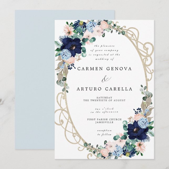 Invitación Elegante Boda floral azul turbio rosado de Rubor (Anverso / Reverso)