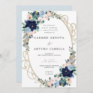 Invitación Elegante Boda floral azul turbio rosado de Rubor