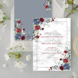 Invitación Elegante Boda floral azul turbio y claro de Borgoñ