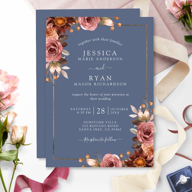 Invitación Elegante Boda floral azul turbio y Rosa agitado (Subido por el creador)