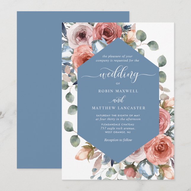 Invitación Elegante Boda floral azul turbulento (Anverso / Reverso)